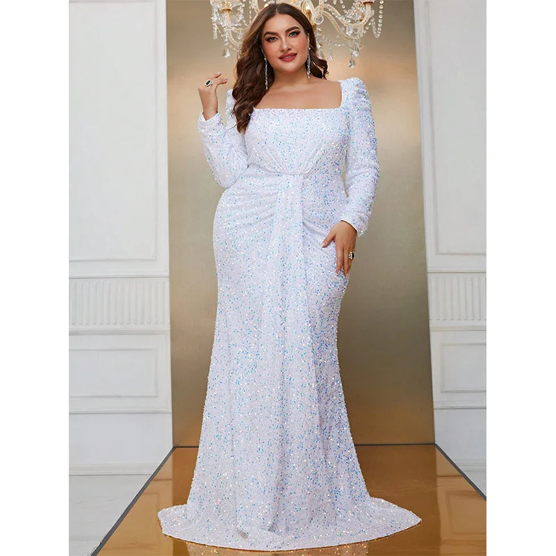 One Day Only – Huge Savings!Plus Size Square Neck Long Sleeve White Sequin Evening Dress