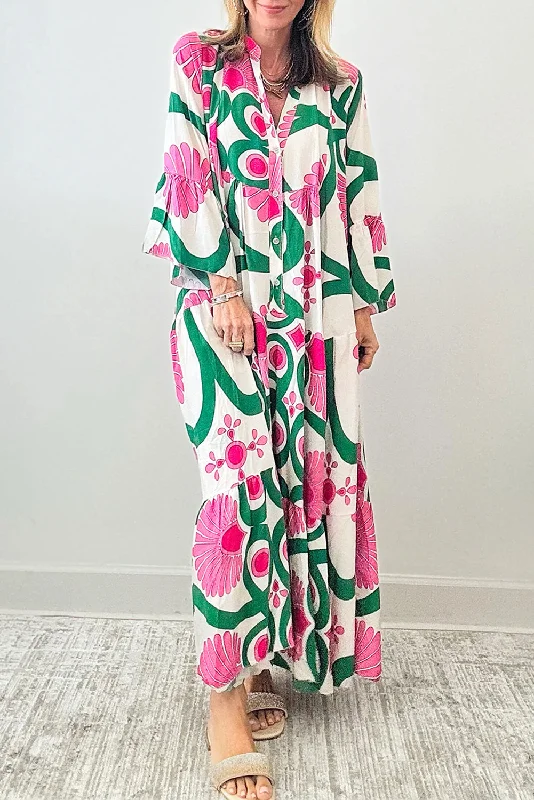 New Discounts Just Dropped!Printed Notched Long Sleeve Maxi Dress