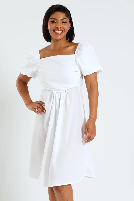 Time to Save Big!Puff Sleeve Plain Poplin Mini Dress - White