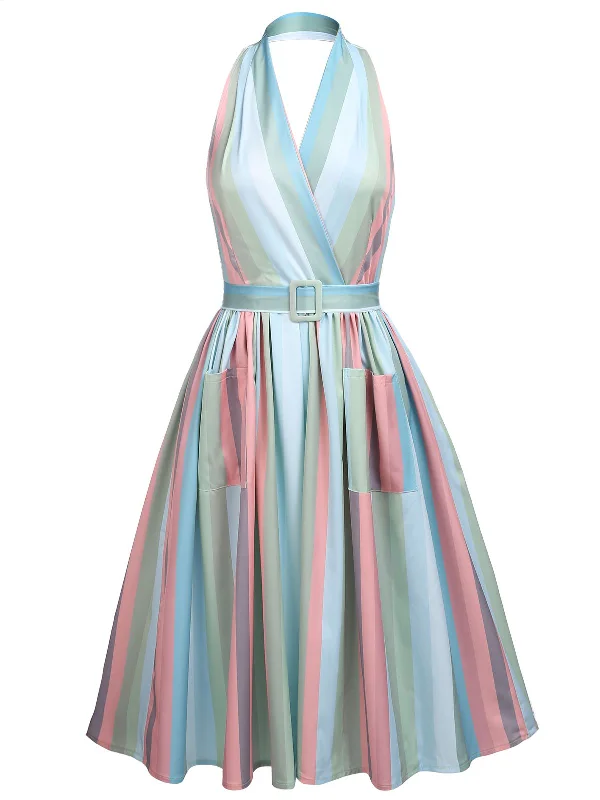 Get Ready to Save!Rainbow 1950s Stripe Pocket Swing Dress