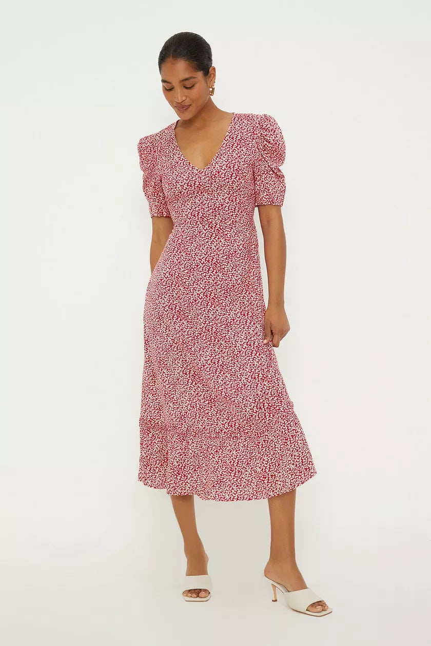 Shop Smart, Save Big!Red Disty Floral Puff Sleeve Midi Dress