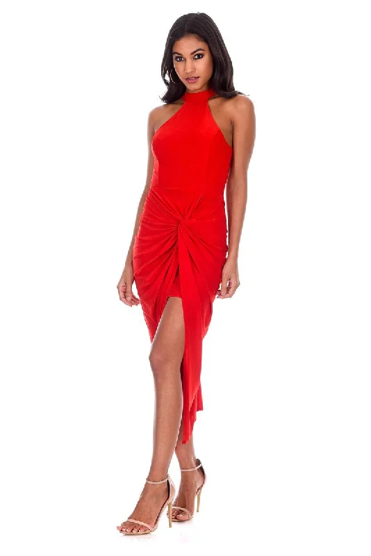 Huge Savings – Act Now!Red Ruched Wrap Midi Dress