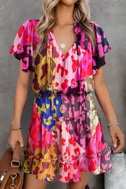 Time to Snag a Bargain!Rose Leopard Short Sleeve Tiered Ruffle Mini Dress