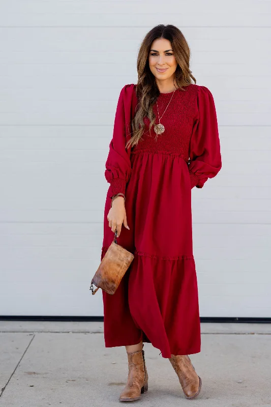 Save Like Never Before!Ruched Top Tiered Long Sleeve Maxi Dress