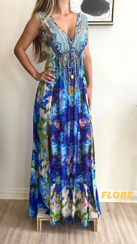 Limited Stock Available!Shahida Parides Silks Plunge Neckline Maxi Dress