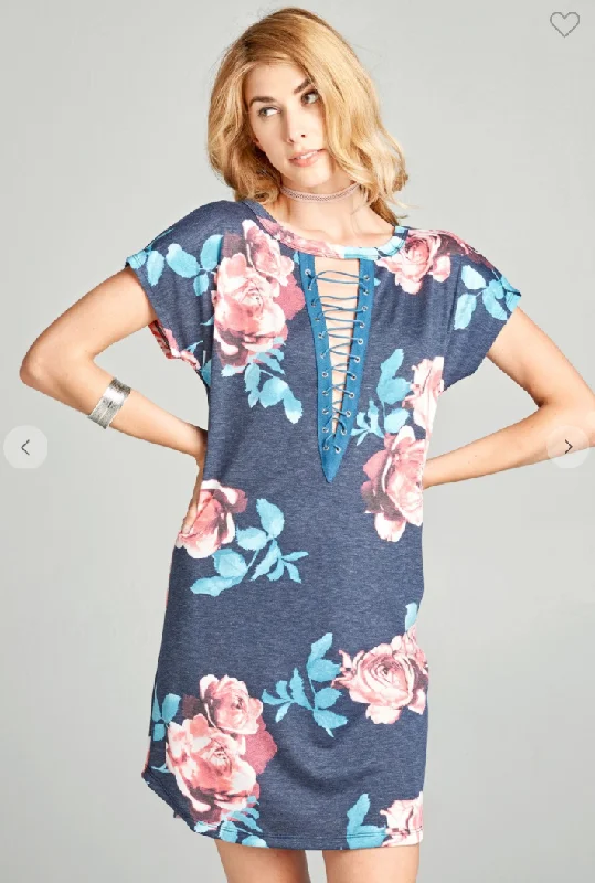 Shop Today, Save Tomorrow!Short Sleeve Floral Deep V Lace Up Dress