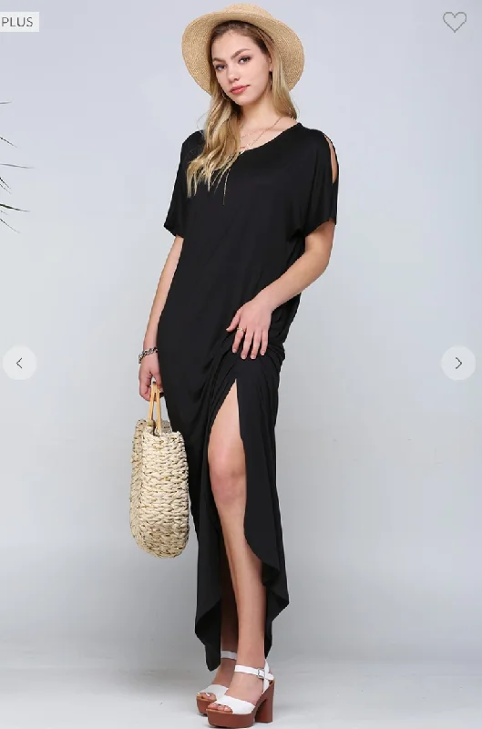 One Click Away from Big Savings!Short Sleeve Slit Maxi Dress