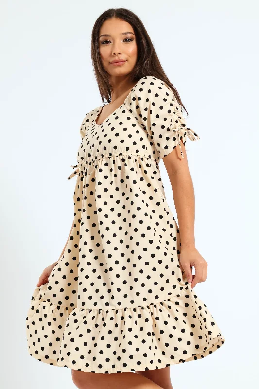 Buy One, Get One Free!Short Tie Sleeve Poplin Polka Mini Dress - Beige/Black