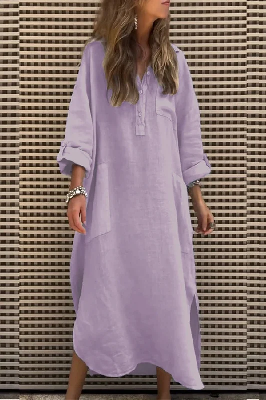Buy More, Save More!Solid Color Casual Button Pockets Irregular Hem Maxi Dress