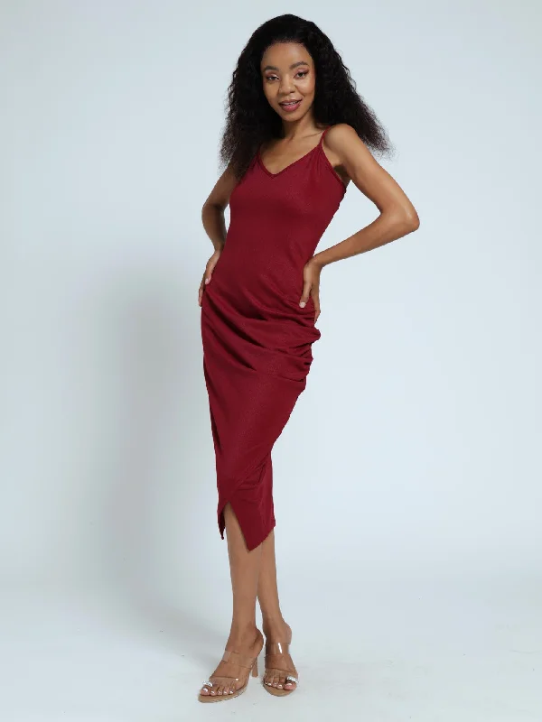 Only a Few Left – Order Now!Strappy Gauged Side Slit Hem Dress - Red