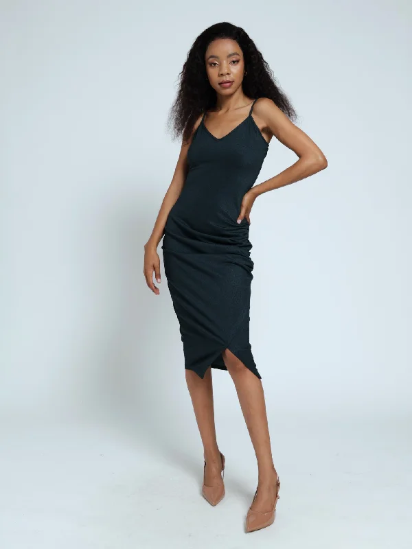 Save More When You Shop More!Strappy Gauged Side Slit Hem Dress - Teal