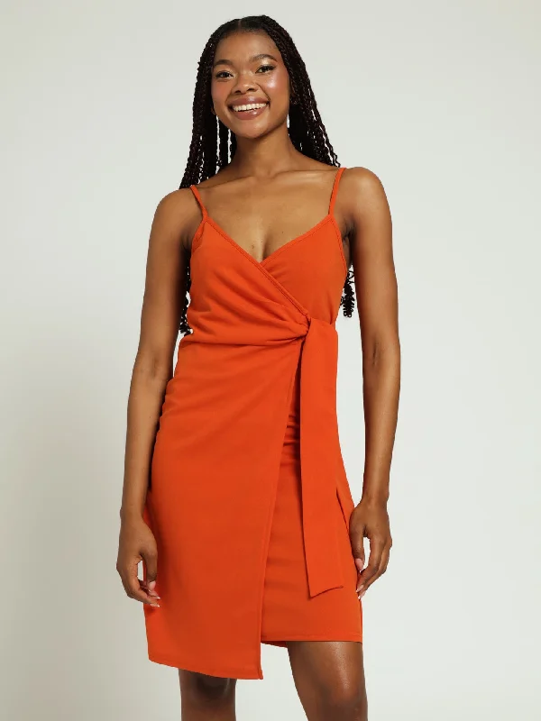 Your Best Deals Are Here!Strappy Mock Wrap Dress - Burnt Orange