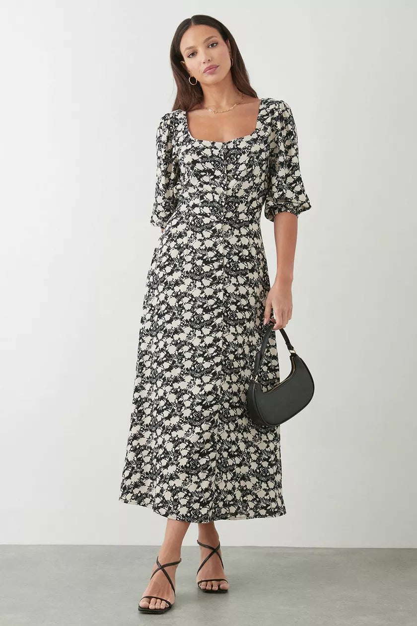 Steals and Deals Await!Tall Mono Ditsy Floral Button Through Midi Dress