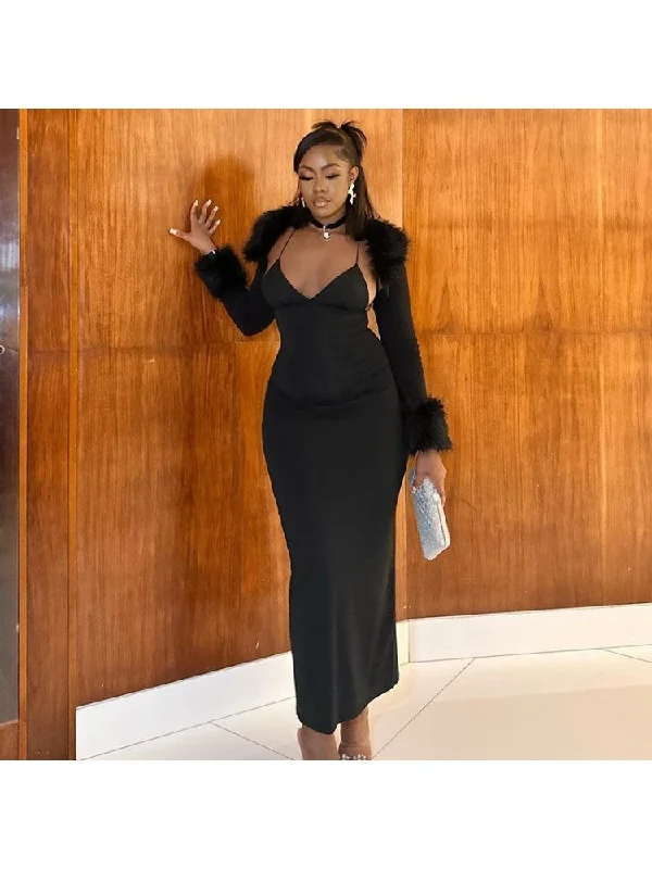 Unbeatable Prices!Tie-wrap Backless Black 2pc Maxi Dress Sets