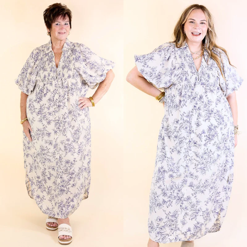 Amazing Prices You Can’t Resist!Timeless Blossom Floral Print Button Up Dress in Cream and Blue
