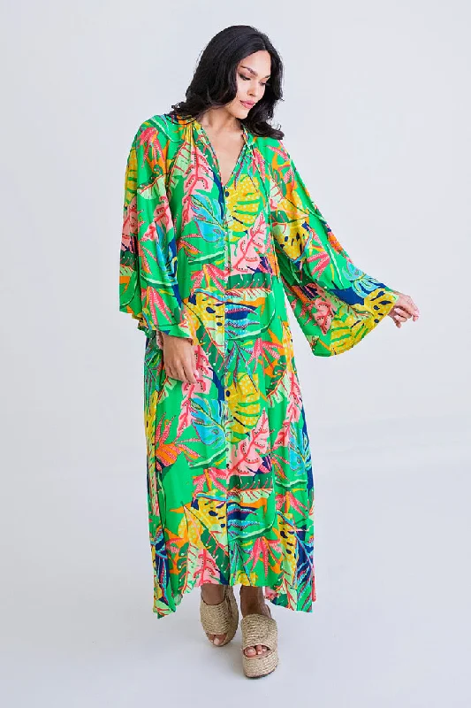 Buy More, Save More!Tropical Button Sleeve Kaftan Maxi Dress