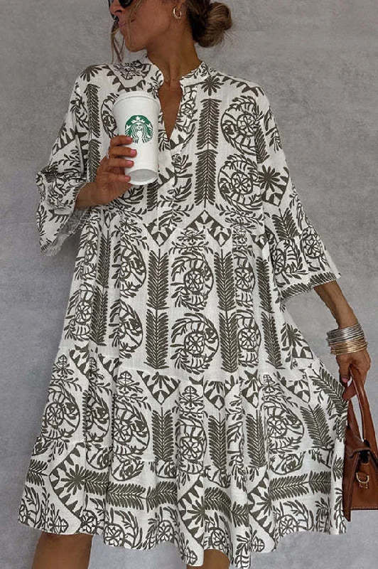 Get the Best for Less!Unique Printed V-neck Bell Sleeve Mini Dress