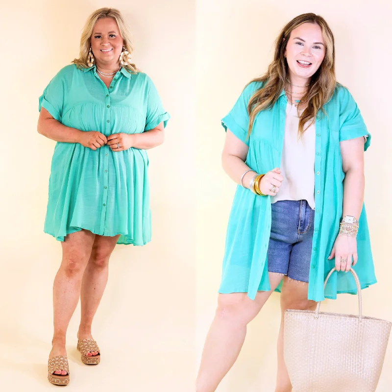 Limited-Time Price Drop!Wildest Dreams Button Up Short Sleeve Tunic Dress in Turquoise Limited-Time Price Drop!Wildest Dreams Button Up Short Sleeve Tunic Dress in Turquoise