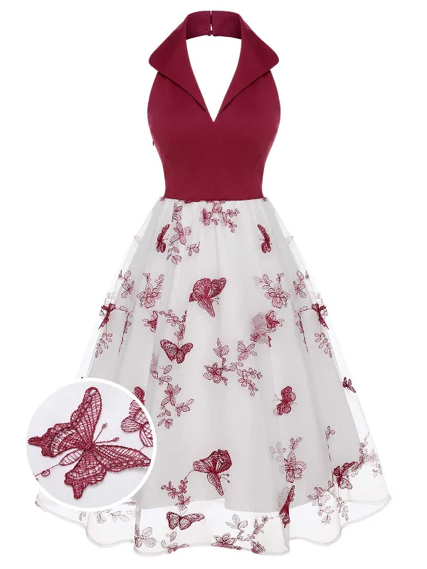 Don't Miss Out!Wine Red 1950s Butterfly Lapel Mesh Dress