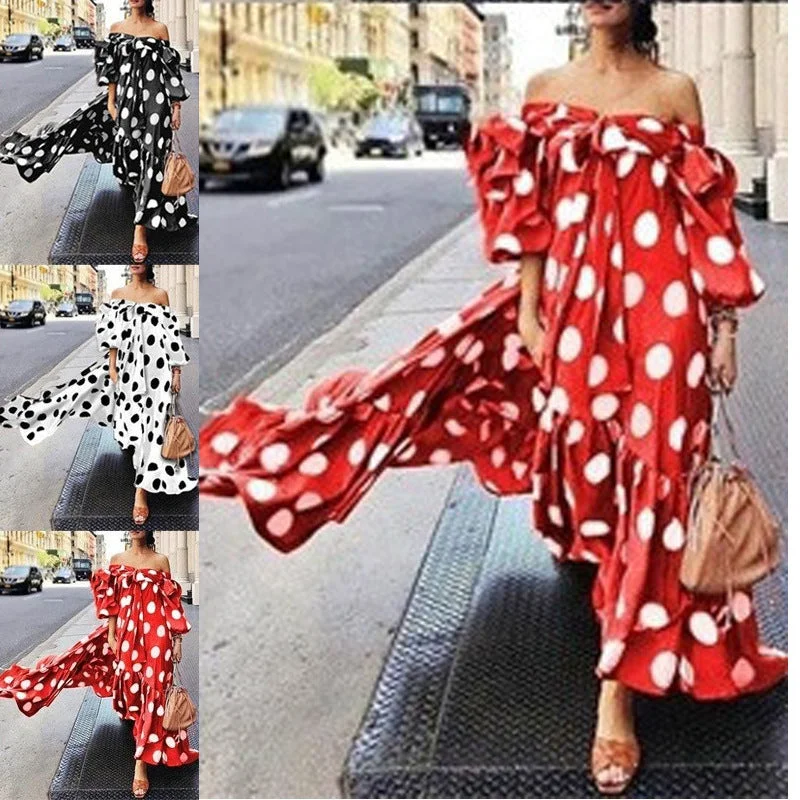 Exclusive Deals Just for You!Women's Off Shoulder Polka Dot Bohemian Maxi Dresses