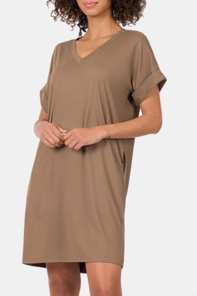 Shop the Hottest Deals!Rolled Short Sleeve V-Neck Dress