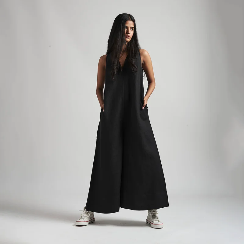 Amazing Prices You Can’t Resist!Black Flared Jumpsuit for Women | Linen
