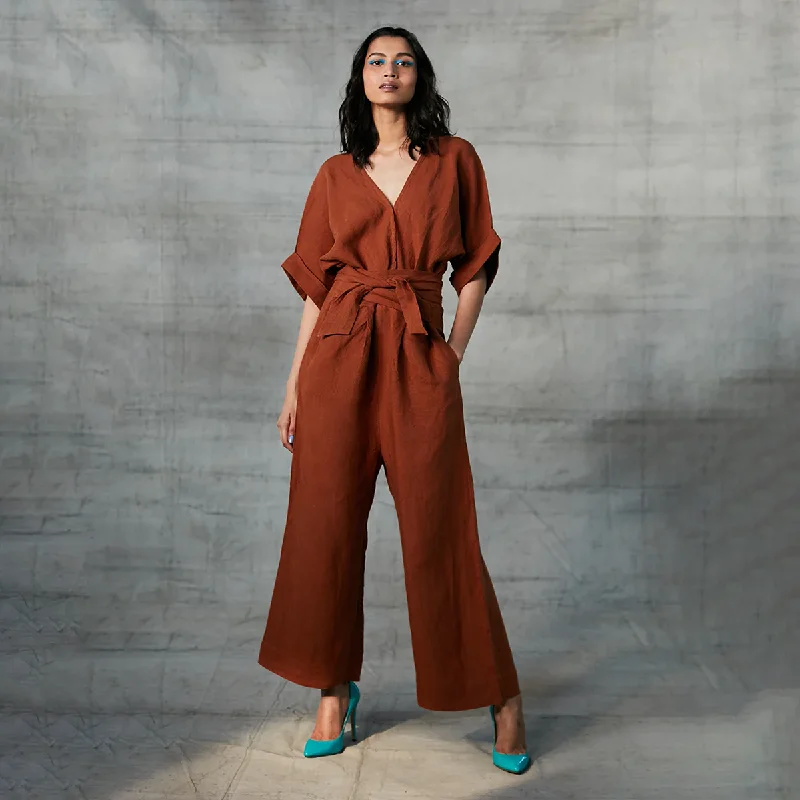 Today’s Deals, Tomorrow’s Regrets!Linen Wrap Jumpsuit For Women | Quart Sleeves | Brown