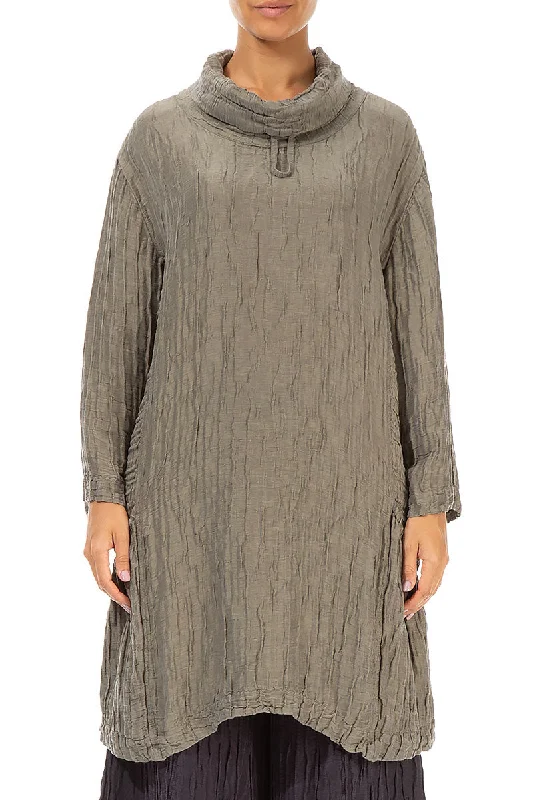 Your Exclusive Offer Awaits!Asymmetric Cowl Neck Crinkled Silver Sage Silk Linen Tunic