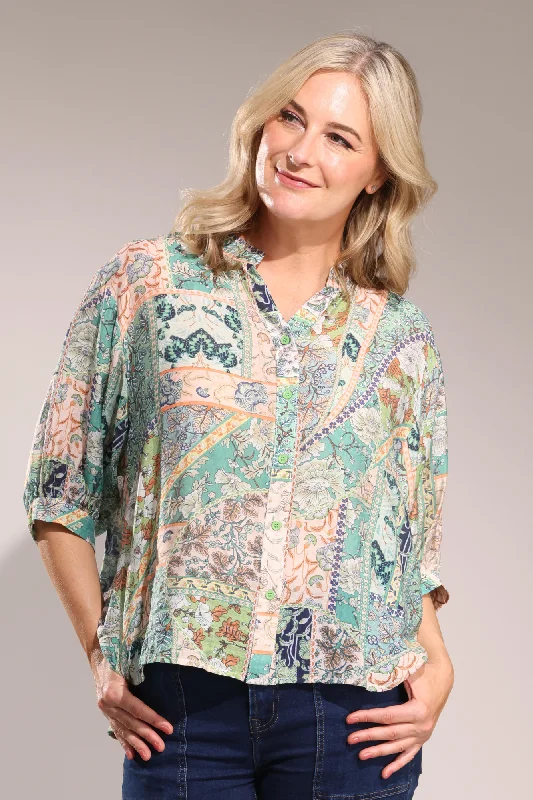 Exclusive Deals Just for You!Collarless Blouse with back split | Green Patchwork | 0025A1
