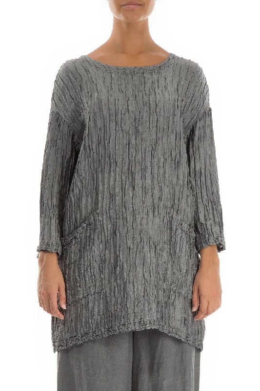 Stock Up and Save!Front Pockets Crinkled Silver Silk Linen Tunic