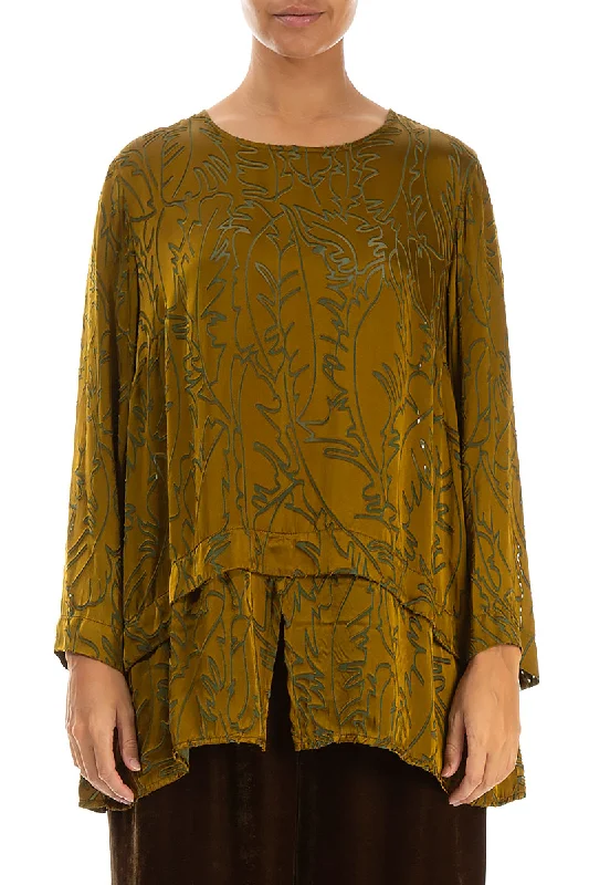 Amazing Prices You Can’t Resist!Golden Olive Devoré Feather Silk Blouse