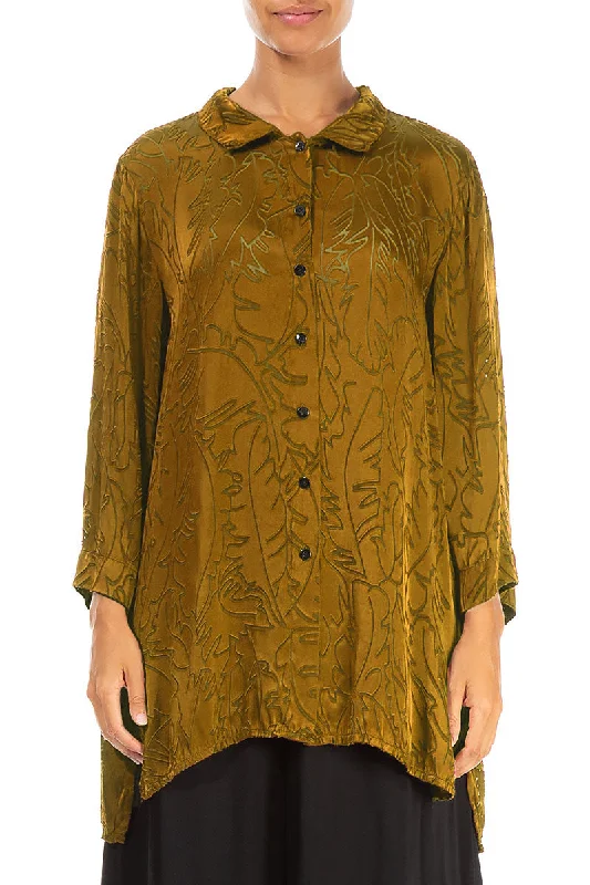 Limited Time Offer!Golden Olive Devoré Feather Silk Shirt