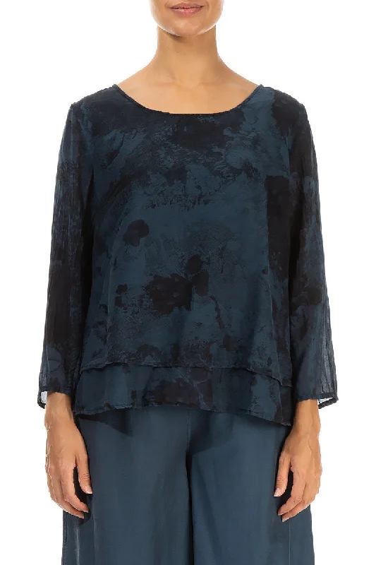 Exclusive Offers You’ll Love!Layered Midnight Blue Marble Silk Cotton Blouse