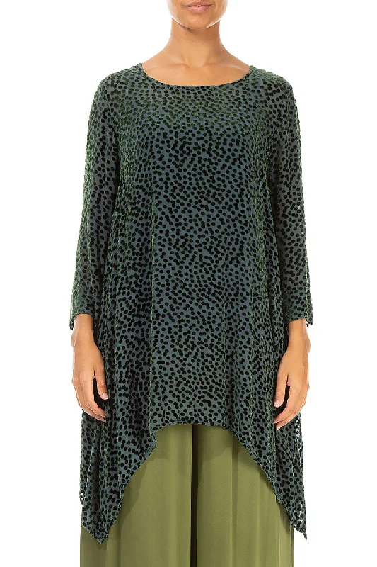 Don't Miss Out!Longer Edge Devoré Dot Emerald Silk Velvet Tunic