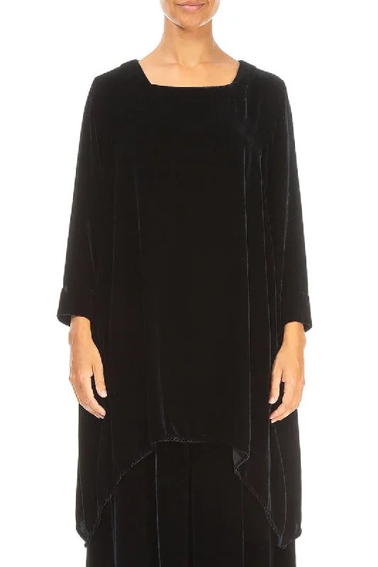 Special Discounts Inside!Square Neck Midnight Blue Silk Velvet Tunic