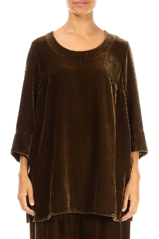 Crazy Discounts Inside!Loose Golden Sage Silk Velvet Blouse