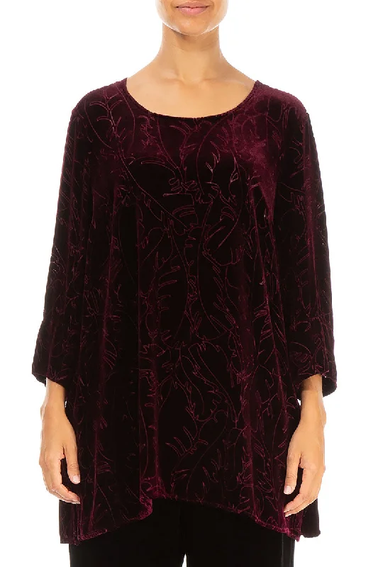 Best Price of the Season!Loose Magenta Devoré Feather Silk Velvet Tunic