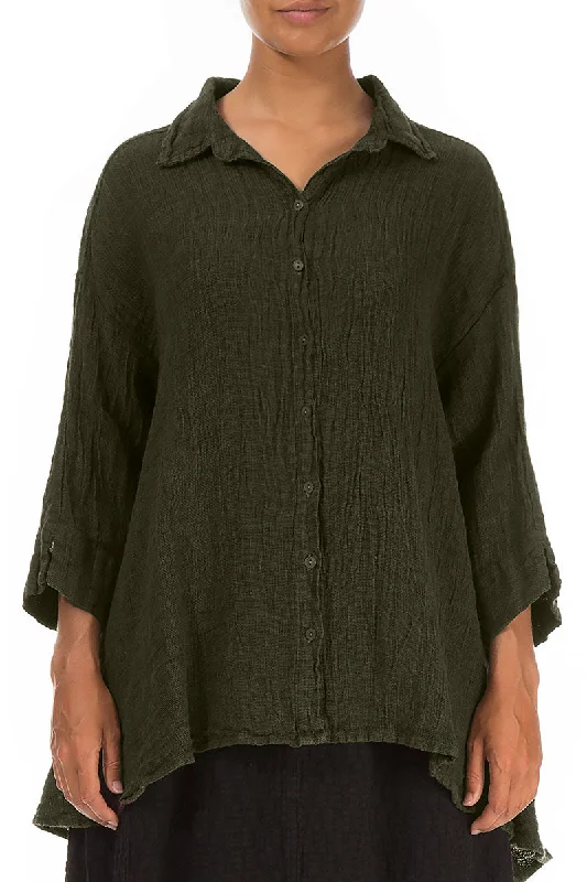 Grab Yours Before It’s Too Late!Loose Olive Mélange Linen Shirt