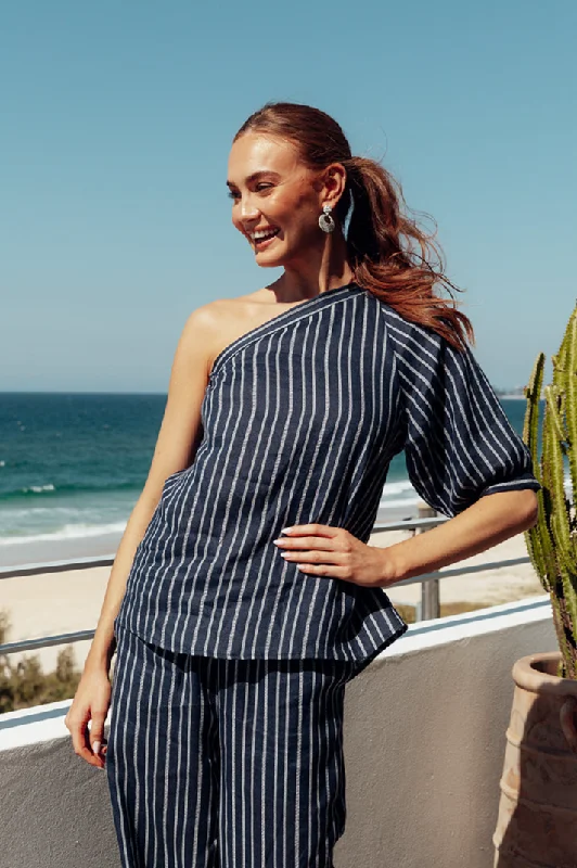 Best Deals Just for You!Lou Lou One Shoulder Linen Blouse in Boathouse