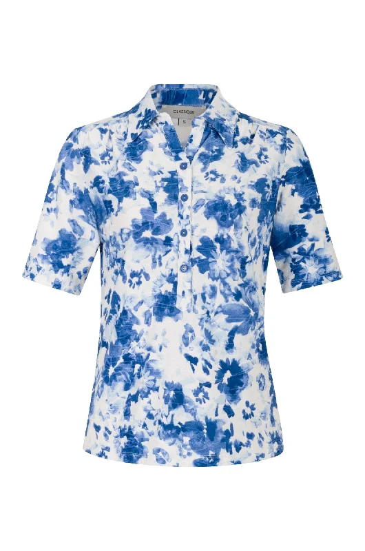 Hurry, Sale Ends Soon!Polyester blend Polo Top | Indigo White Floral | 9122A1