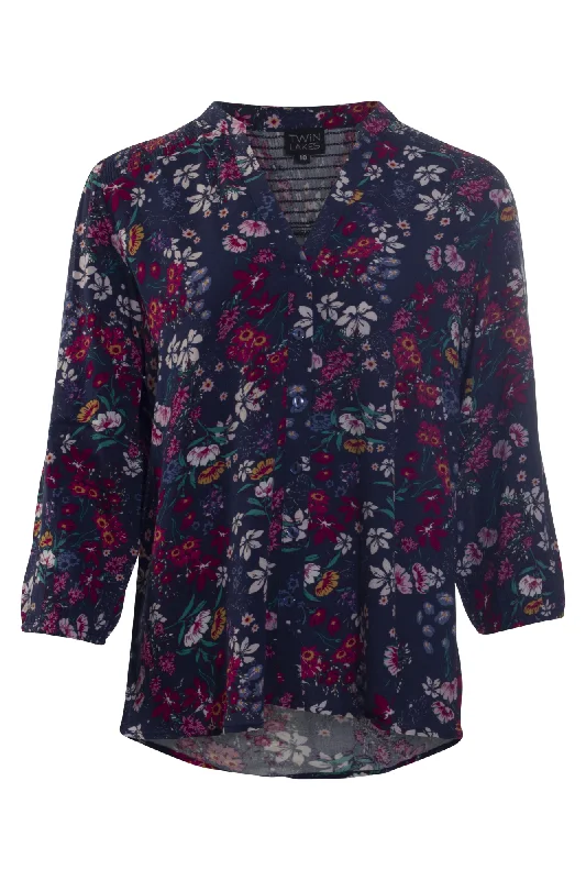 Shop More, Spend Less!Printed Rayon Nehru collar Blouse | Indigo Pink Garden | 6323AR