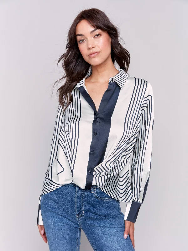 Snag the Best Prices Now!Printed Satin Shirt with Front Twist Detail - Retro