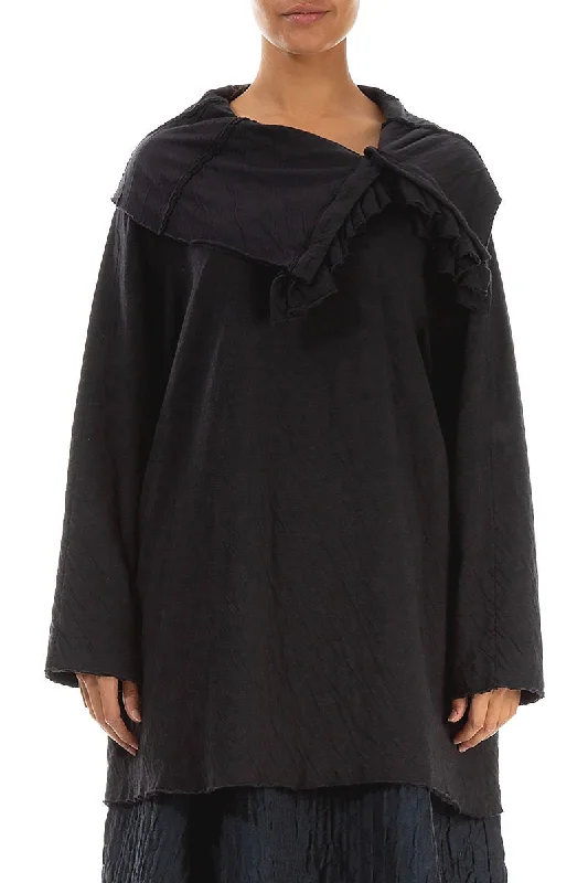 Find the Best Deals Here!Ruffled Collar Grey Wavy Cotton Tunic