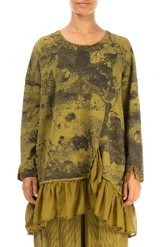 Shop Today, Save Tomorrow!Ruffled Hem Golden Olive Marble Cotton Tunic