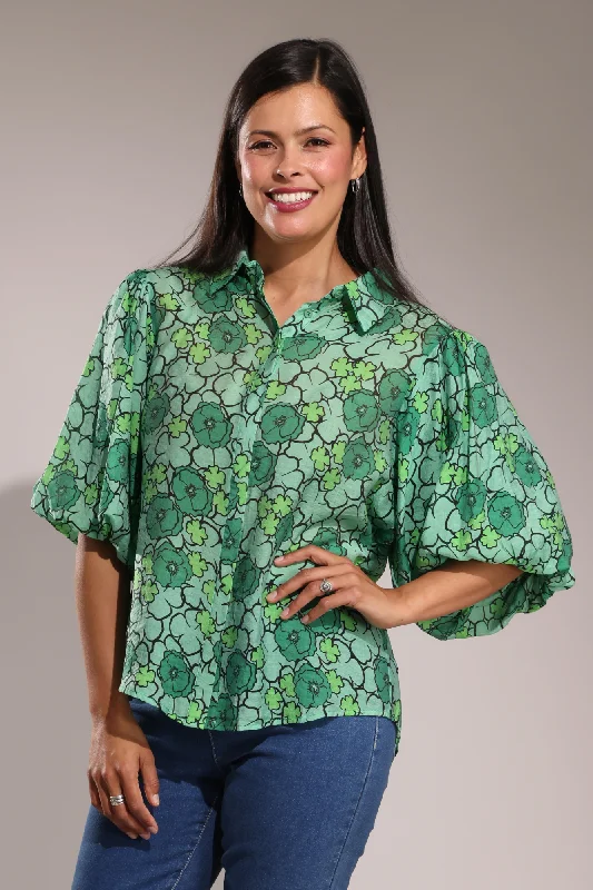Buy More, Save More!Blouse with puffed sleeve & collar | Multi Greens Floral | 0024A1
