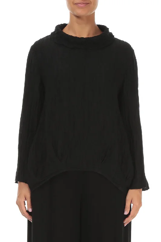 Biggest Sale of the Season!Soft Cowl Neck Crinkled Black Silk Blouse