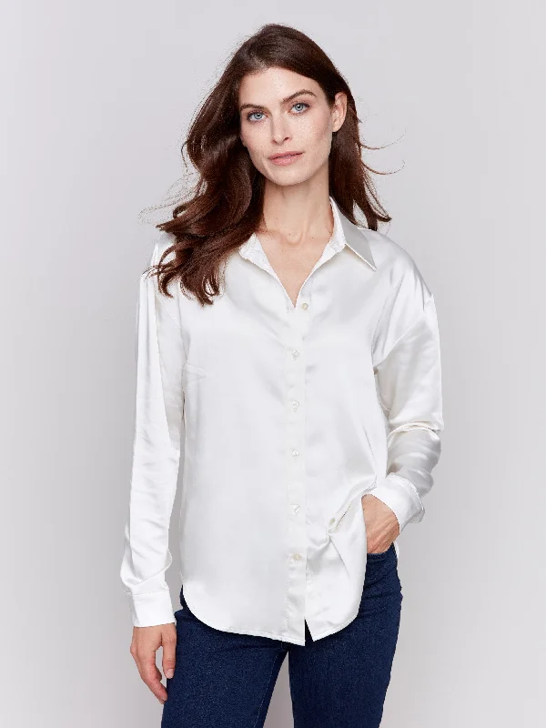 Limited Time Offer!Solid Satin Button-Down Shirt - Ecru