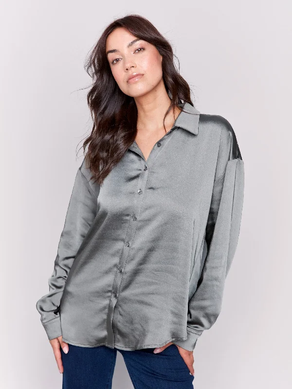 Best Price of the Season!Solid Satin Button-Down Shirt - Spruce