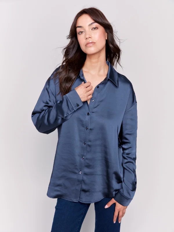 Hurry, Sale Ends Soon!Solid Satin Button-Down Shirt - Navy