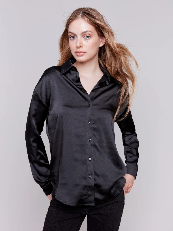 Your Chance to Save is Now!Solid Satin Button-Down Shirt - Black